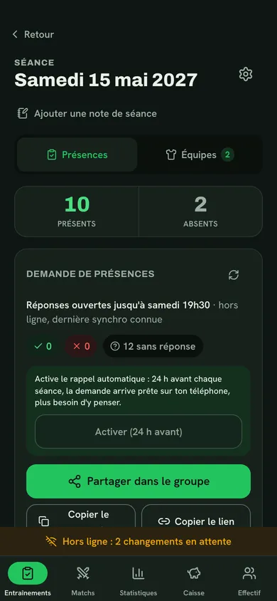 Séance en mode hors ligne, bandeau « Hors ligne : 2 changements en attente »