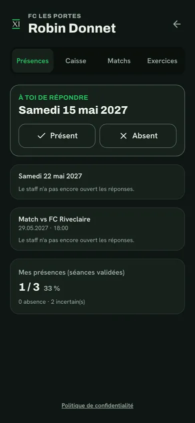 Espace joueur de Robin Donnet : présences, caisse, matchs, exercices