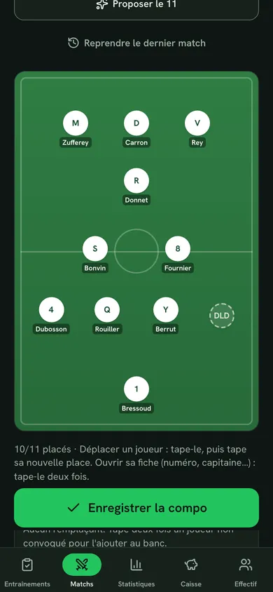 Terrain avec le onze de départ placé en 4-2-3-1