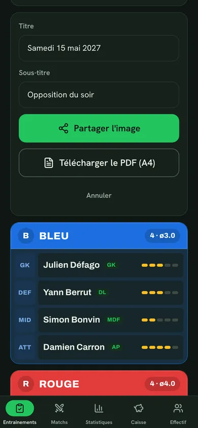 Partage des équipes : titre, sous-titre, boutons Partager l'image et Télécharger le PDF