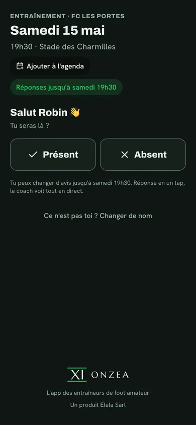 Page de réponse d'un joueur : « Salut Robin, tu seras là ? », boutons Présent et Absent