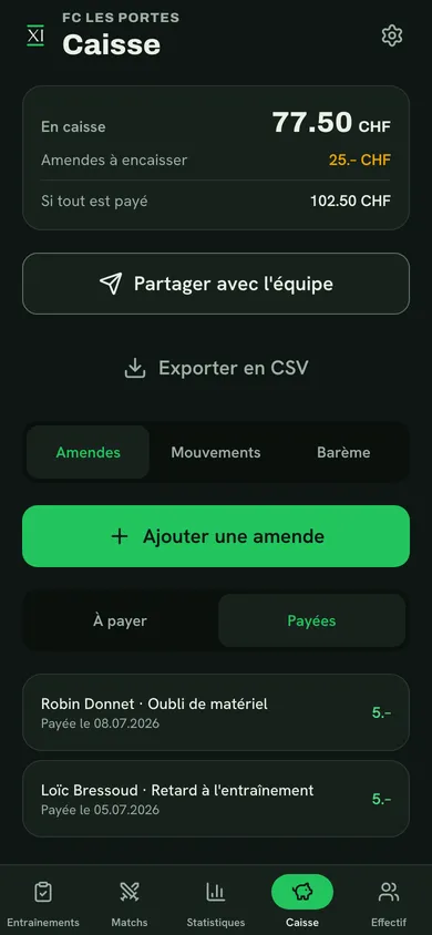 Les amendes payées, avec leur date.
