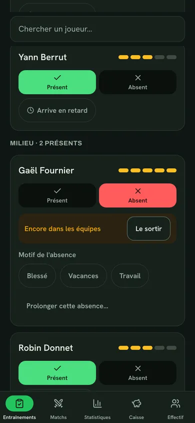 Gaël s'est excusé par message. Un tap : absent.