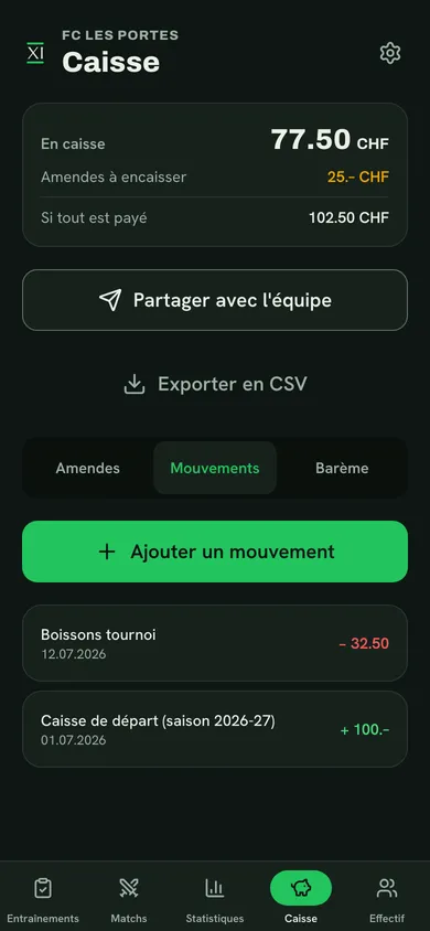 Les entrées et sorties : cotisations, ballons, apéro.