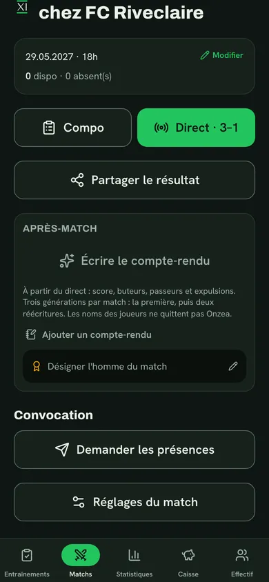 Le score est dans la fiche : compte-rendu, homme du match, partage.